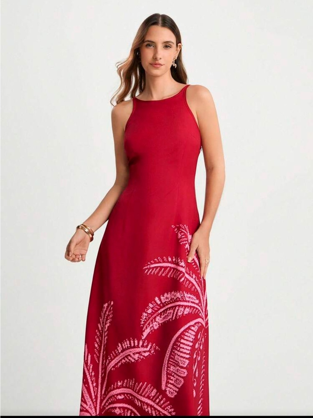 Red Sleeveless Maxi Dress with Pink Palm Print - Picture 3 of 9